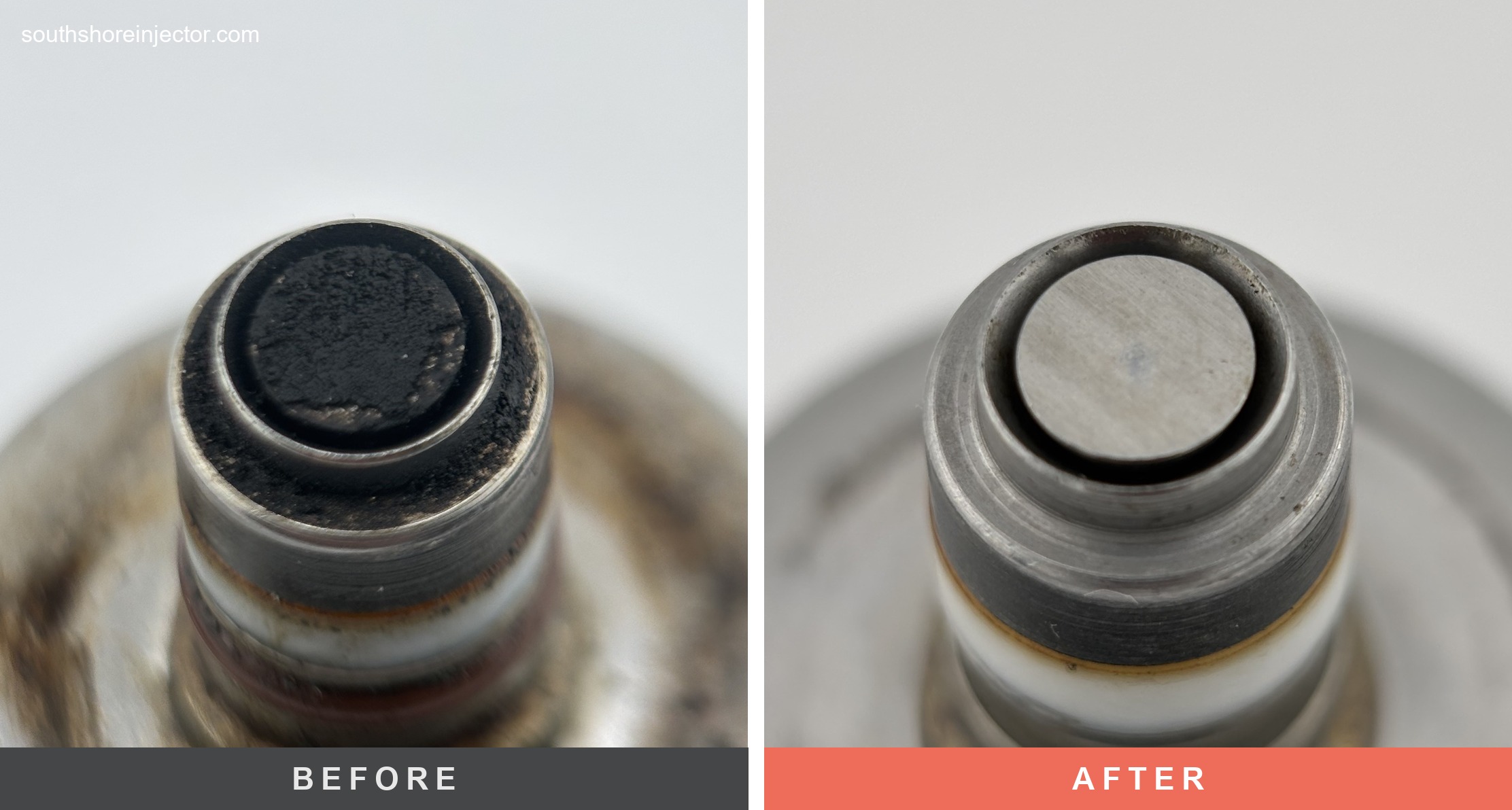 Fuel injector pintle before and after ultrasonic cleaning — heavy carbon buildup removed, cleaned to bare metal