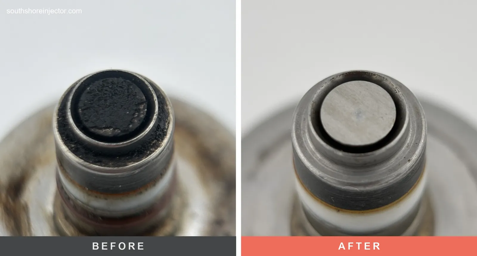 Fuel injector pintle before and after ultrasonic cleaning — heavy carbon buildup removed, cleaned to bare metal