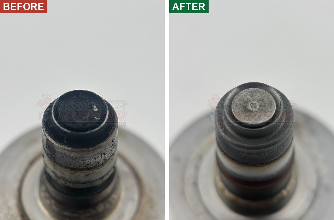 Mercury OptiMax air injector before and after cleaning: carbon-caked tip versus clean bare-metal pintle